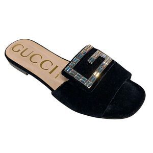 Gucci Madelyn Black Velvet Slide Sandals with Crystal G EU 38 US 8 Flat Mules